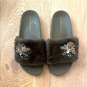 Wild Diva Dark Green Faux Fur Slide Sandals with Embellishments